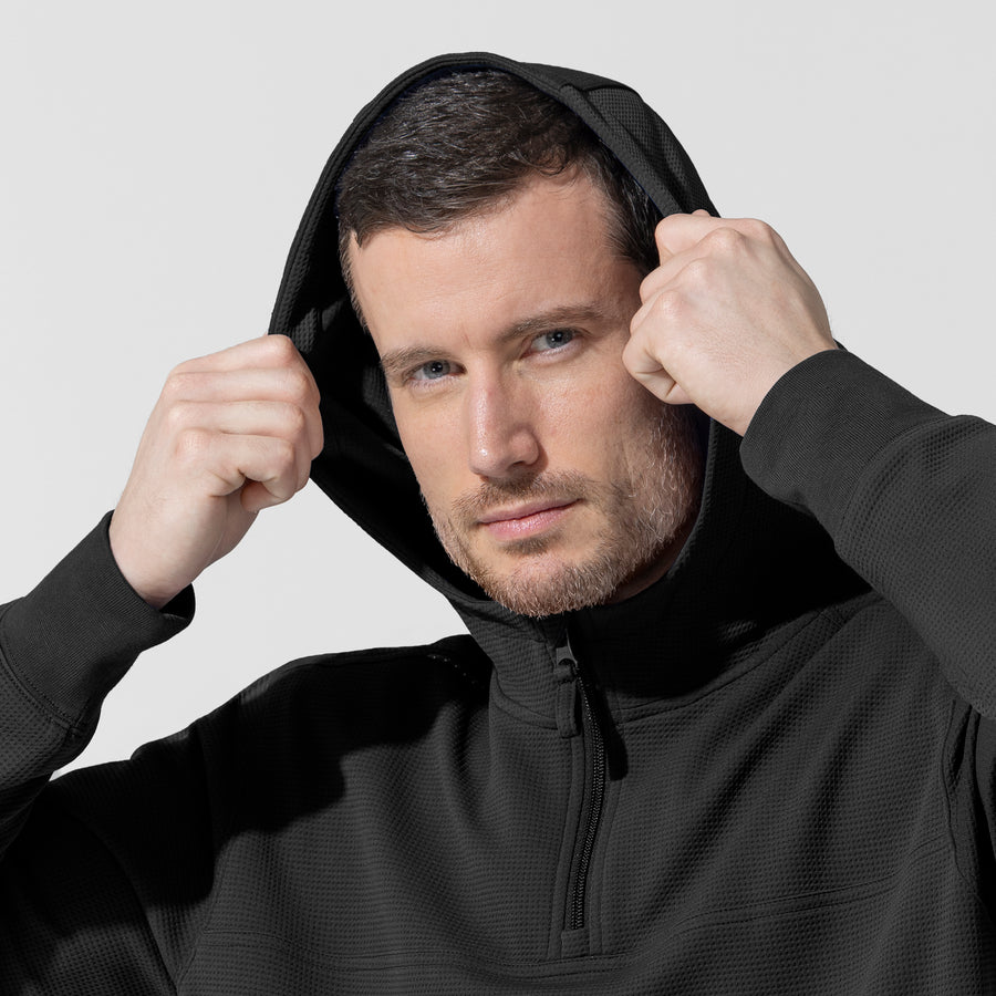 Layers Men's Quarter Zip Waffle Hoodie Black side detail 1