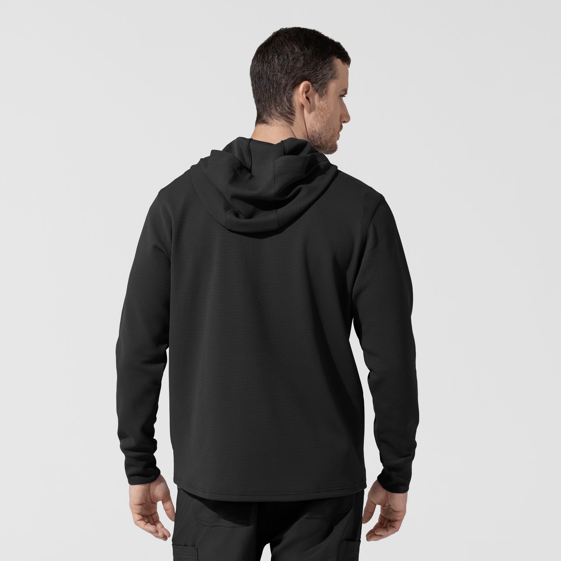 Layers Men's Quarter Zip Waffle Hoodie Black back view