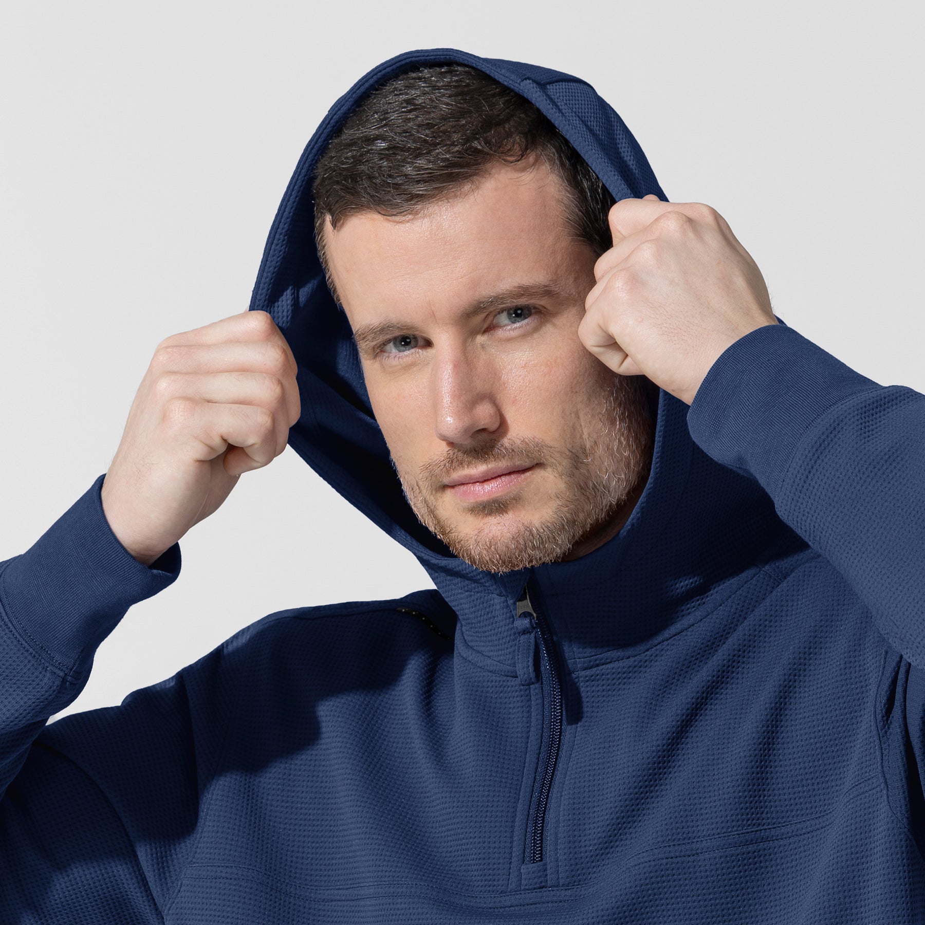 Layers Men's Quarter Zip Waffle Hoodie Navy side detail 1