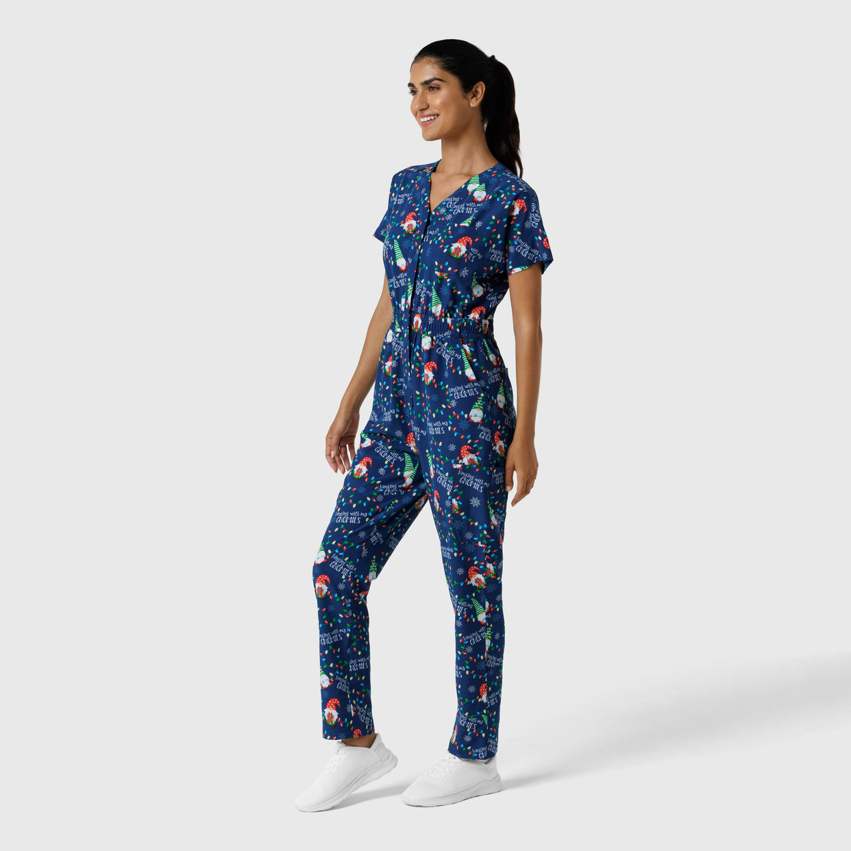 Women's Holiday Print Zip Front Onesie - Gnome Alone side