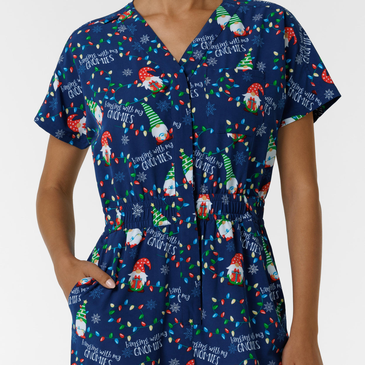 Women's Holiday Print Zip Front Onesie - Gnome Alone pockets