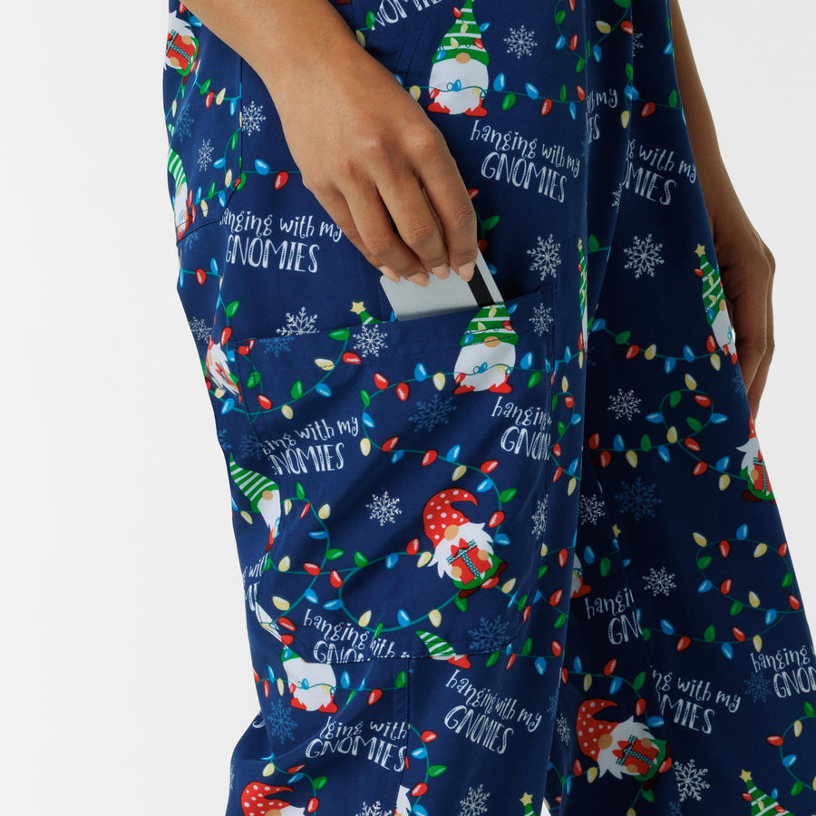 Women's Holiday Print Zip Front Onesie - Gnome Alone cargo pocket