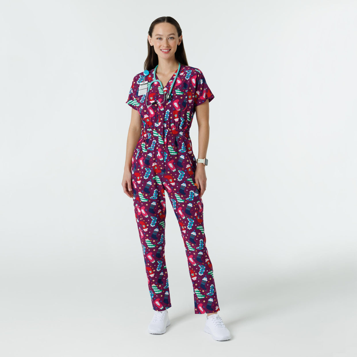 Fashion Prints Women's Holiday Print Zip Front Onesie Penguin Pals full scrub set