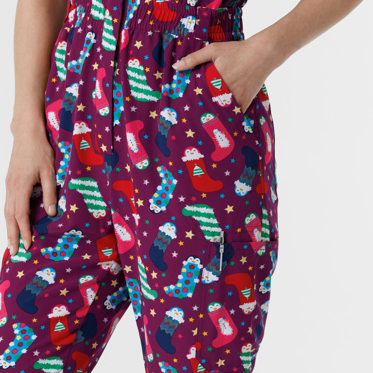 Fashion Prints Women's Holiday Print Zip Front Onesie Penguin Pals back detail