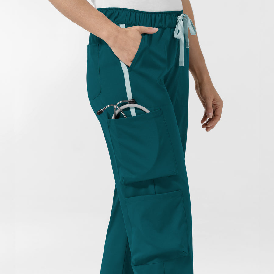 Boundless Women's Classic Wide Leg Cargo Scrub Pant - Caribbean and Sky Blue side cargo pocket