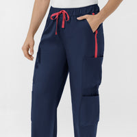 Boundless Women's Classic Wide Leg Cargo Scrub Pant - Navy and Hibiscus