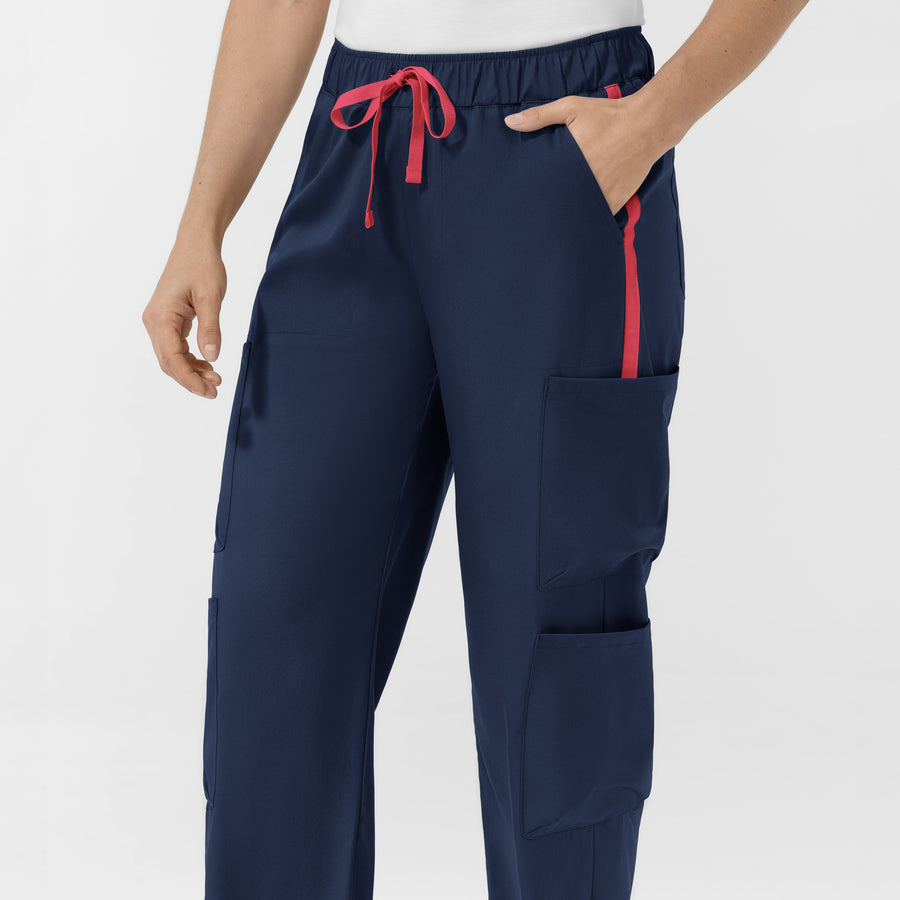 Boundless Women's Classic Wide Leg Cargo Scrub Pant - Navy and Hibiscus