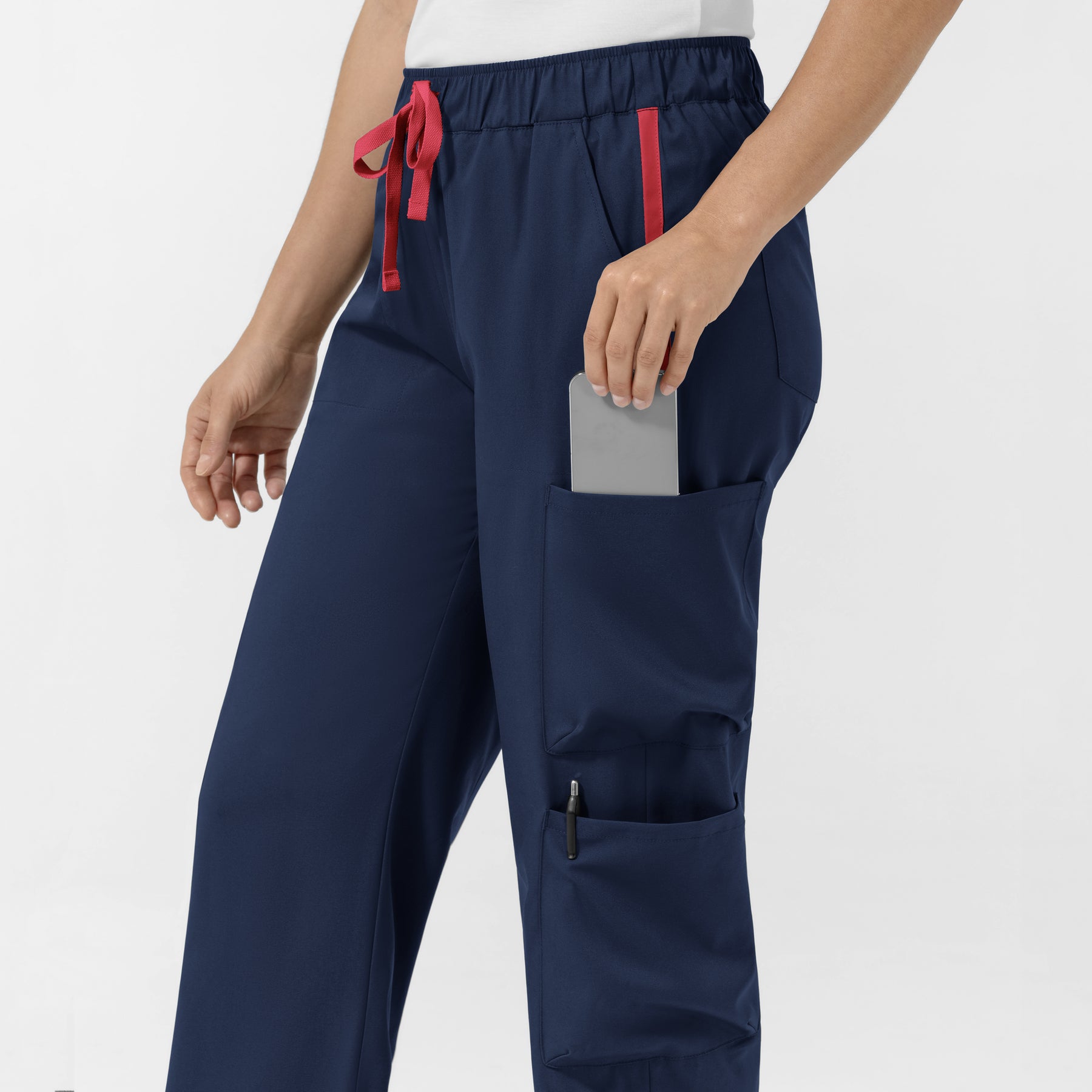 Boundless Women's Classic Wide Leg Cargo Scrub Pant - Navy and Hibiscus