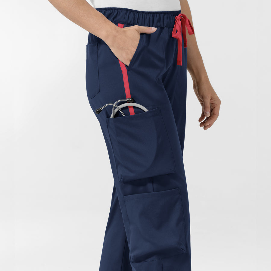 Boundless Women's Classic Wide Leg Cargo Scrub Pant - Navy and Hibiscus