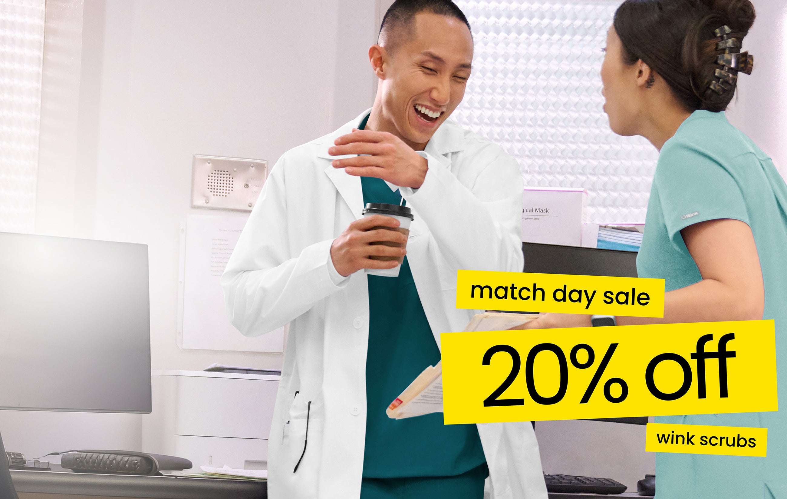 man in lab coat, woman in scrubs 'match day sale, 20% off wink scrubs'