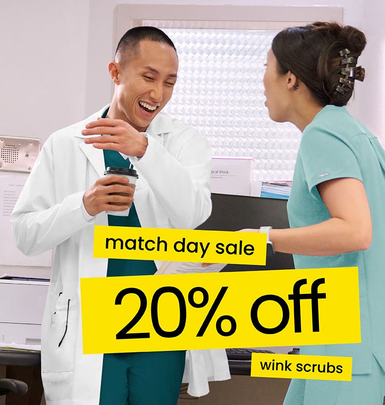 man in lab coat, woman in scrubs 'match day sale, 20% off wink scrubs'