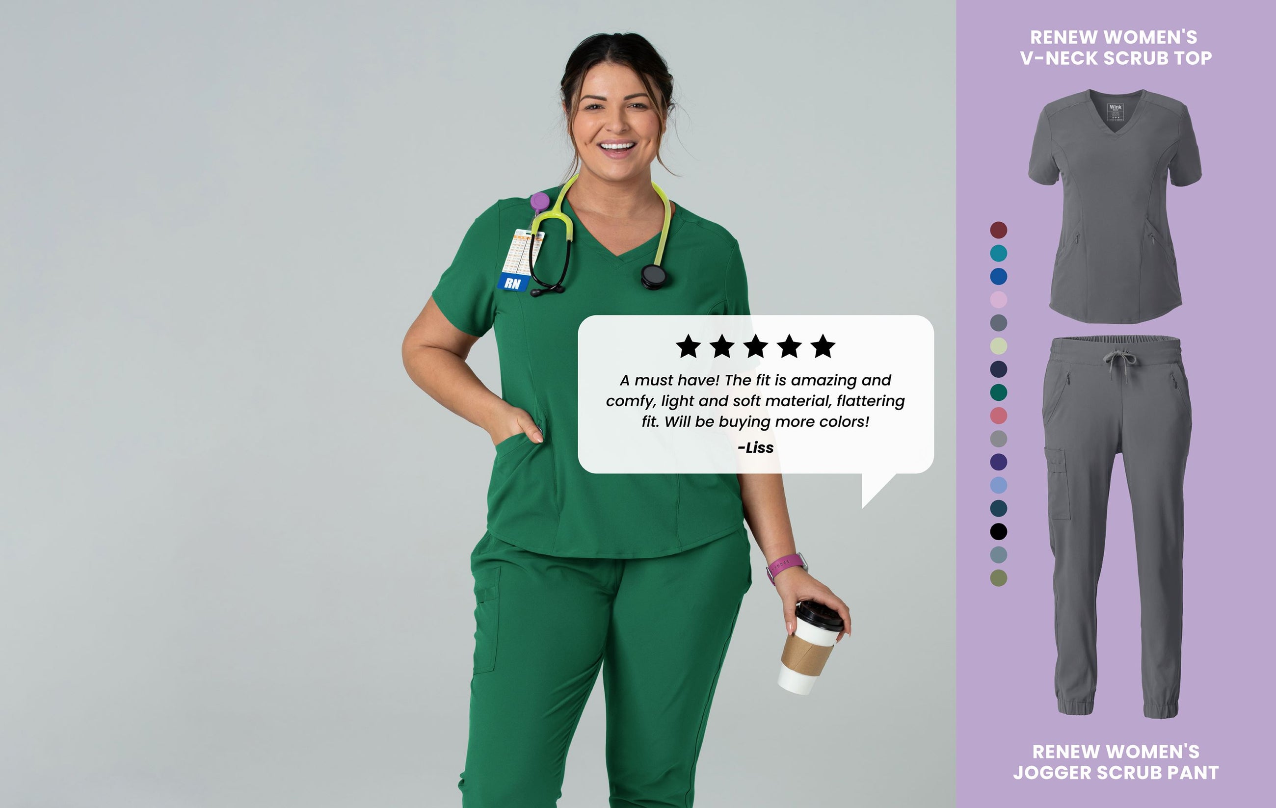 Customer Quote: "A must have! The fit is amazing and comfy, light and soft material, flattering fit. Will be buying more colors!"-Liss; Renew Women's V-Neck Scrub Top; Renew Women's Jogger Scrub Pant - Wink Renew Women's best selling scrubs