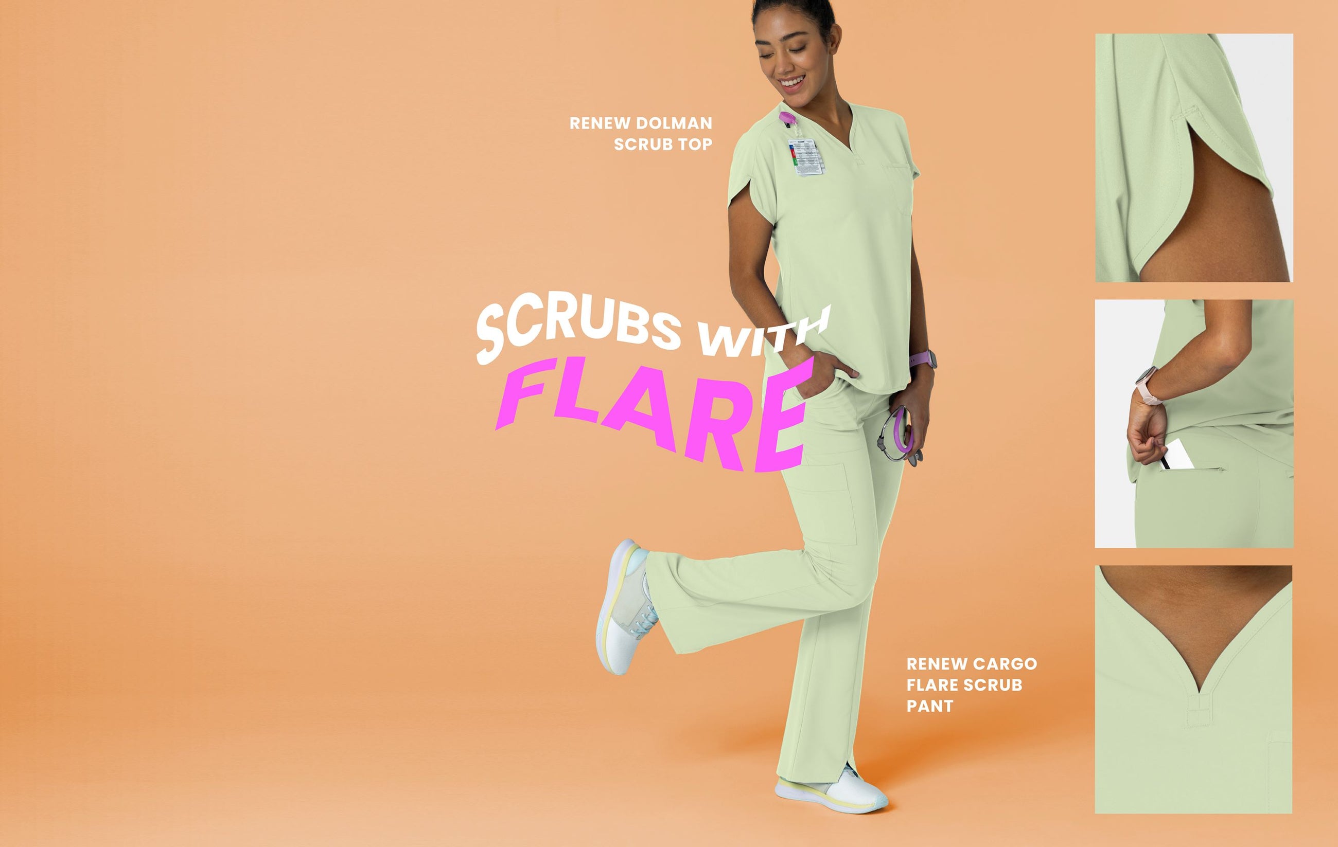 "RENEW DOLMAN SCRUB TOP; SCRUBS WITH FLARE; RENEW CARGO FLARE SCRUB PANT" New scrub styles from Wink Scrubs shown in Fresh Mint