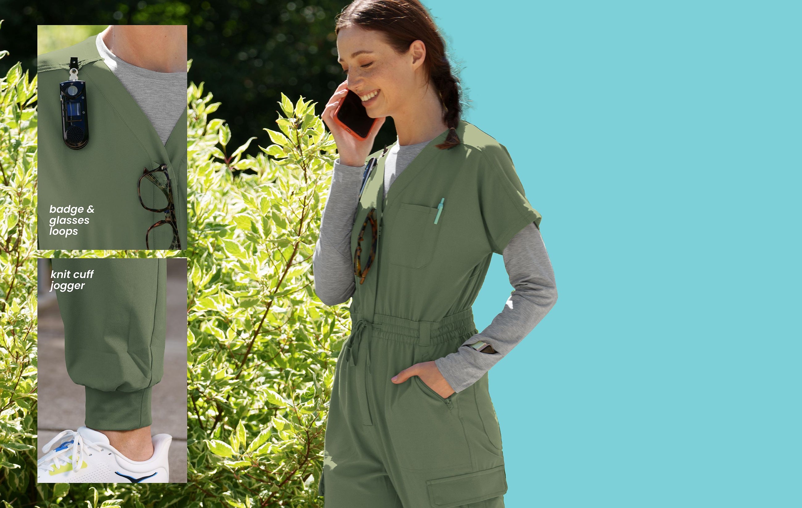 A woman wearing a scrub Jumpsuit walks next to bushes while talking on the phone. Small inset image shows close up with text “badge & glasses loop”. A second small inset image shows close up with text “knit cuff jogger”