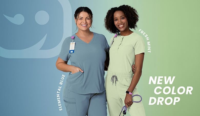 "Elemental Blue" "Fresh Mint" "New Color Drop" New colors in Womens Scrub Tops and Scrub Pants