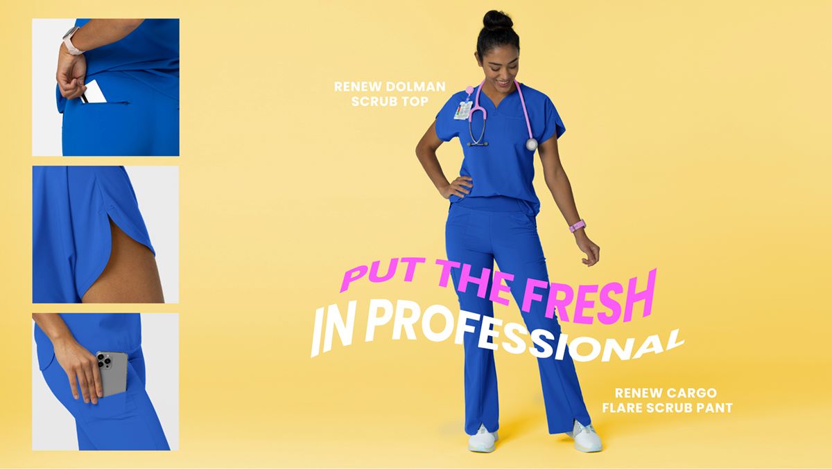 "RENEW DOLMAN SCRUB TOP, PUT THE FRESH IN PROFESSIONAL, RENEW CARGO FLARE SCRUB PANT" Scrub Pant and top detail images and scrub set image in Royal Blue with a yellow gradient background