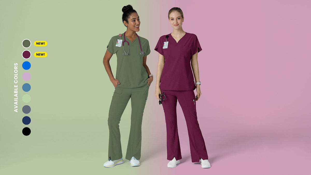 Image displays "Available Colors" including two "New" colors Wine and Olive in the Flare cargo scrub pant and super cute Dolman scrub top