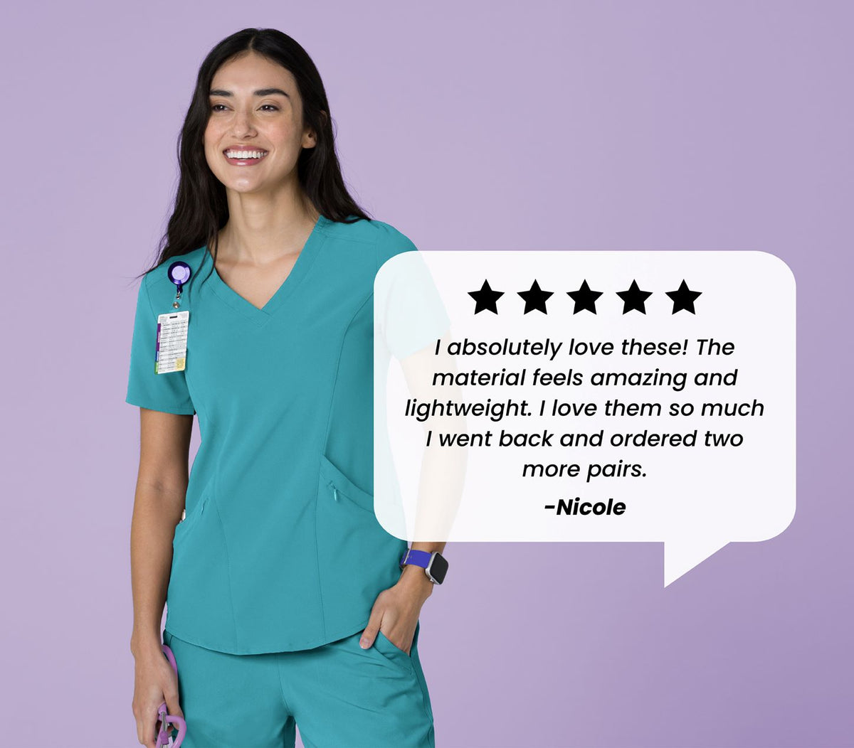 "I absolutely love these! The material feels amazing and lightweight. I love them so much I went back and ordered two more pairs. - Nicole" Women's Teal Scrubs from Wink Renew