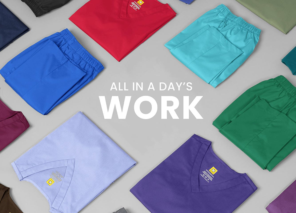"All In A Days Work" Scrub Tops and Scrub pants in a variety of colors.