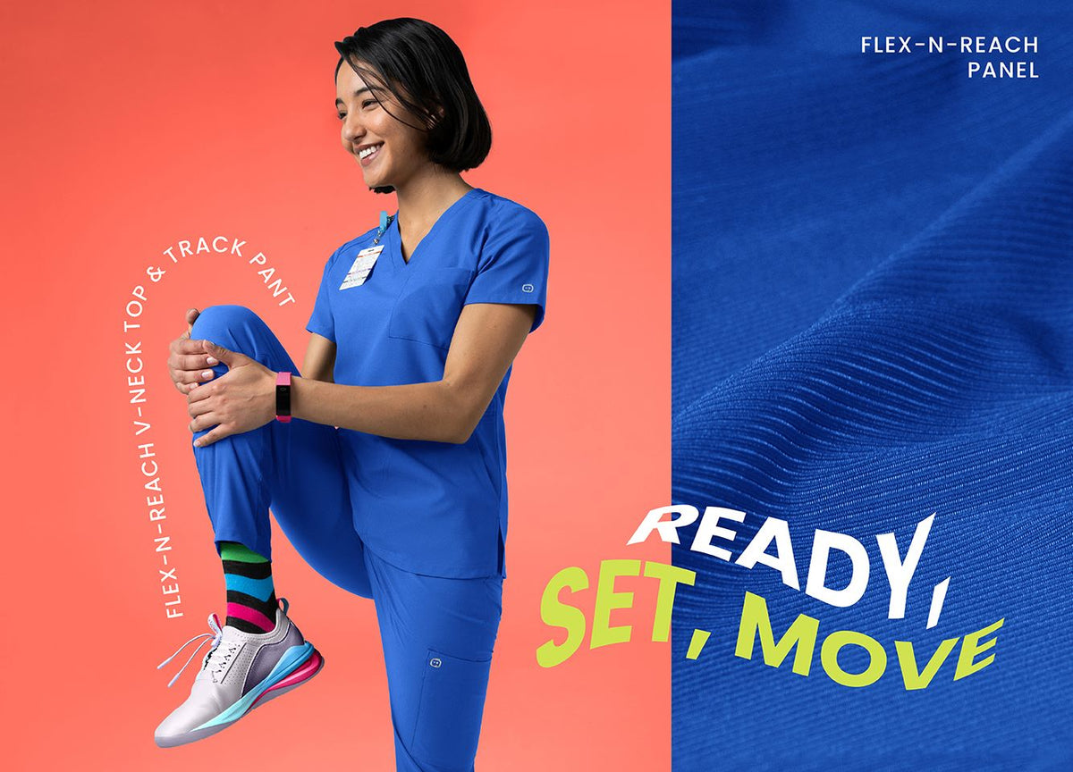 Flex-n-reach v-neck top & Track Pant; flex-n-reach panel, Ready, Set, Move. Comfortable scrubs with knit panels that move with you. 