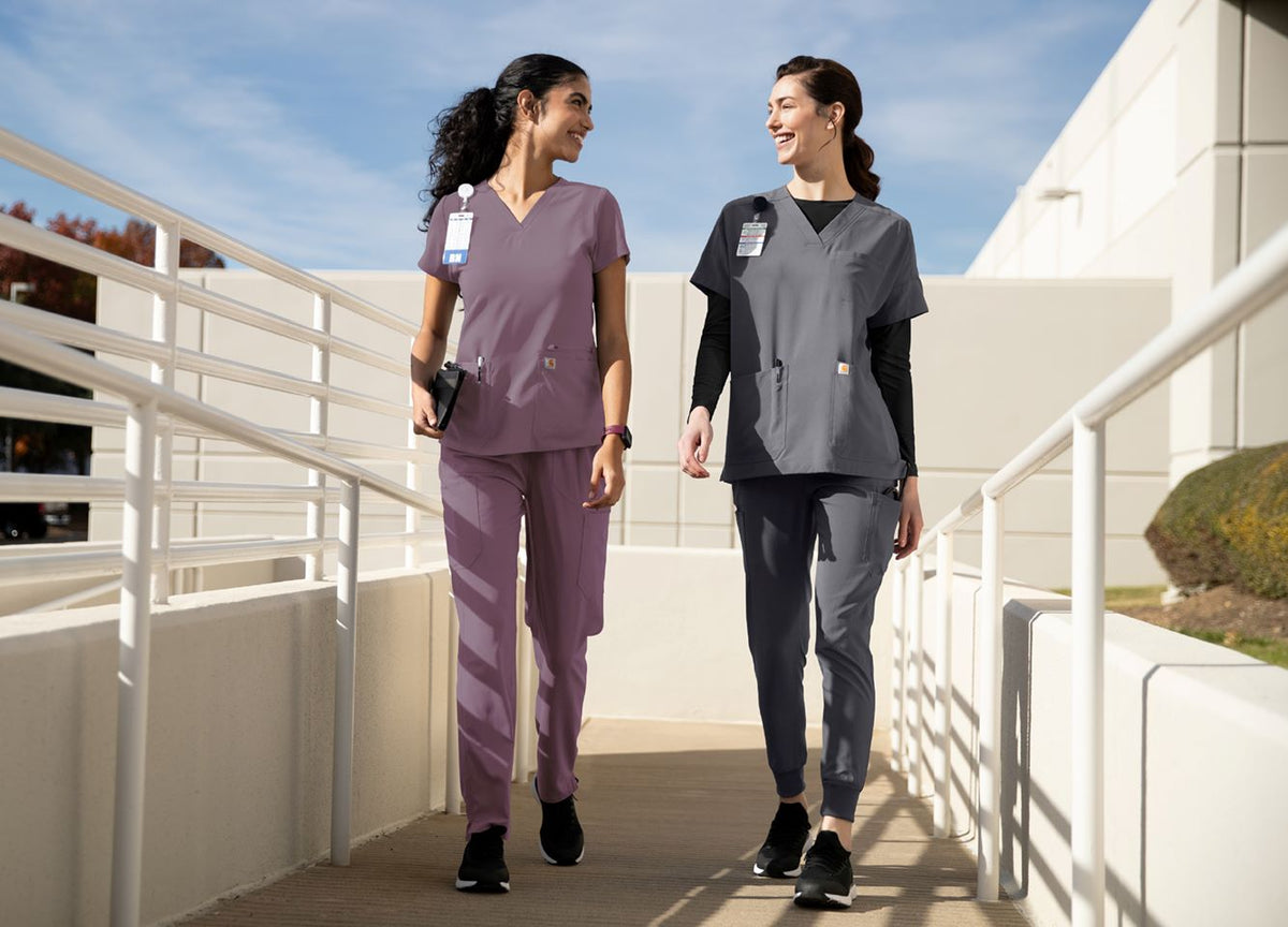 Women's Carhartt Scrubs with Force technology, straight leg and jogger style pants with underscrub tee and oversized V-neck scrub top