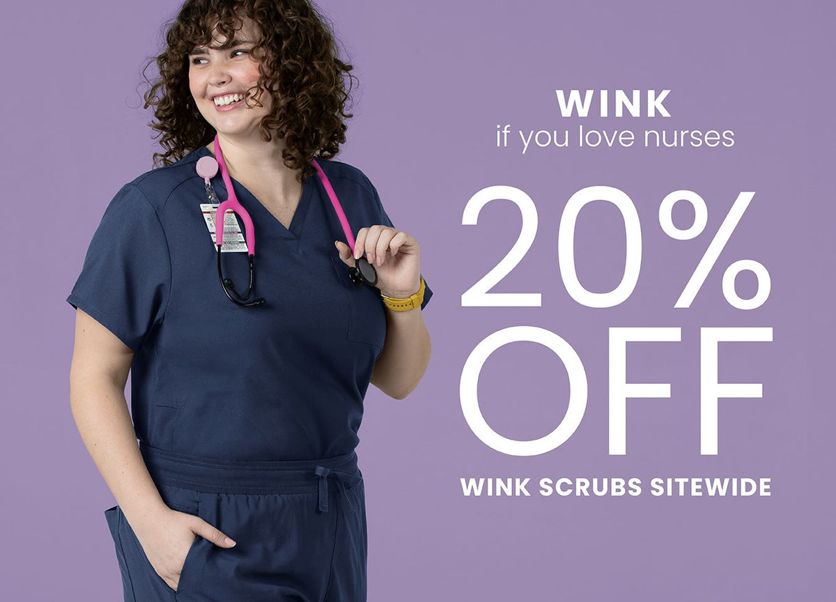 "Wink if you love nurses, 20% off Wink Scrubs sitewide" Navy Scrubs