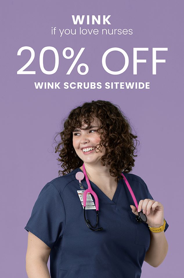 "Wink if you love nurses, 20% off Wink Scrubs sitewide" Navy Scrubs Sale