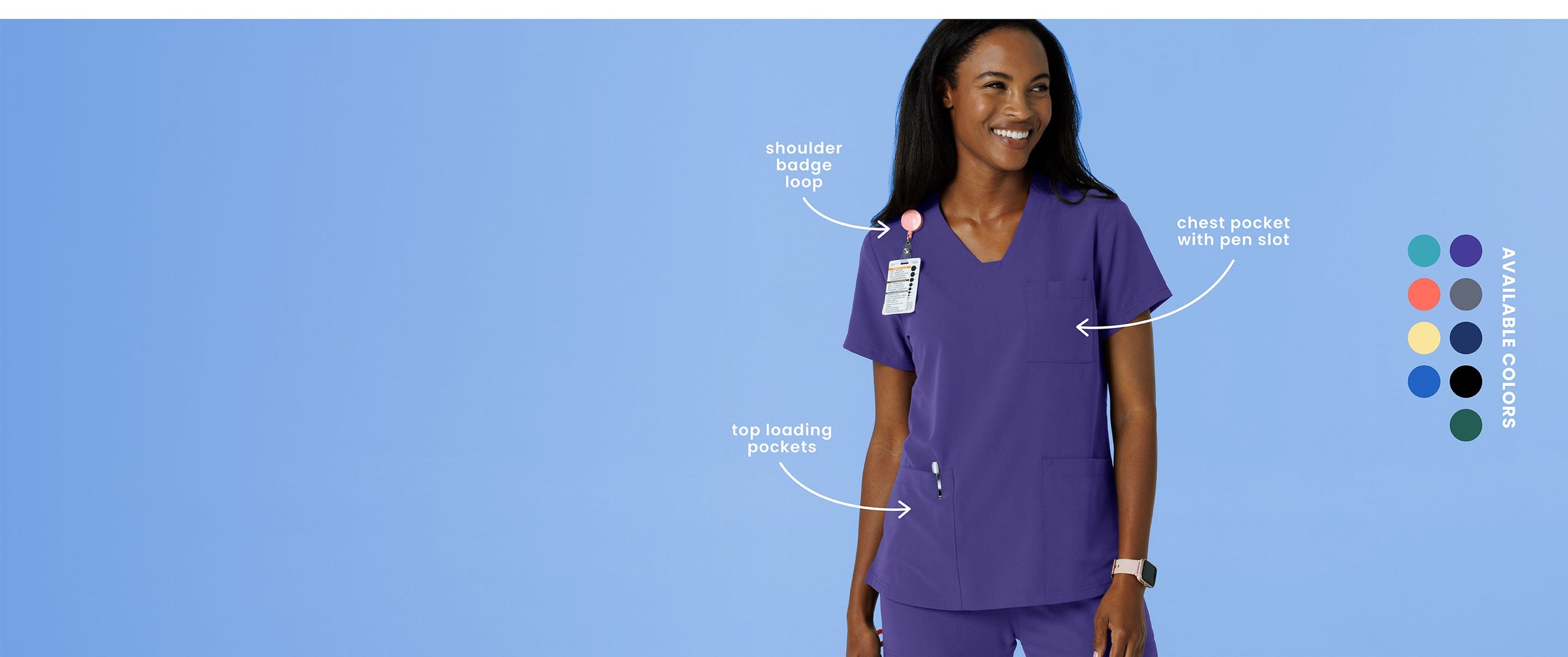 "shoulder badge loop" "chest pocket with pen slot" "top loading pockets" "Available Colors" Woman in Purple Wink NOVA Scrubs
