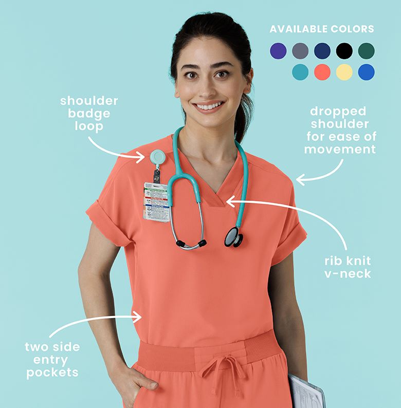 "AVAILABLE COLORS" "shoulder badge loop" "dropped shoulder for ease of movement" "rib knit v-neck" "two side entry pockets" Woman wearing scrubs in a stylish orange color