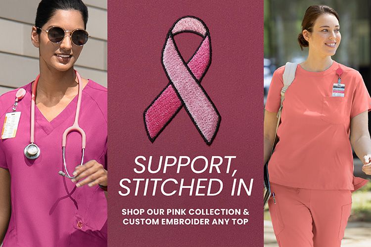 Promotional collage for pink medical scrubs, featuring a woman in pink V-neck scrubs with a stethoscope on the left, a central embroidered pink ribbon graphic with the text 'SUPPORT, STITCHED IN SHOP OUR PINK COLLECTION & CUSTOM EMBROIDER ANY TOP,' and a woman in coral-pink scrubs on the right.