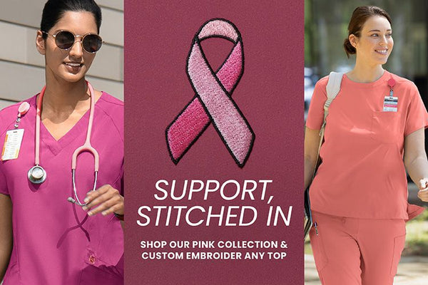 Promotional collage for pink medical scrubs, featuring a woman in pink V-neck scrubs with a stethoscope on the left, a central embroidered pink ribbon graphic with the text 'SUPPORT, STITCHED IN SHOP OUR PINK COLLECTION & CUSTOM EMBROIDER ANY TOP,' and a woman in coral-pink scrubs on the right.
