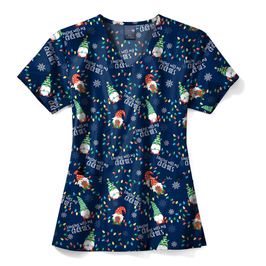 Zoe+Chloe Performance V-Neck Print Scrub Top - Gnome Alone Christmas Scrubs