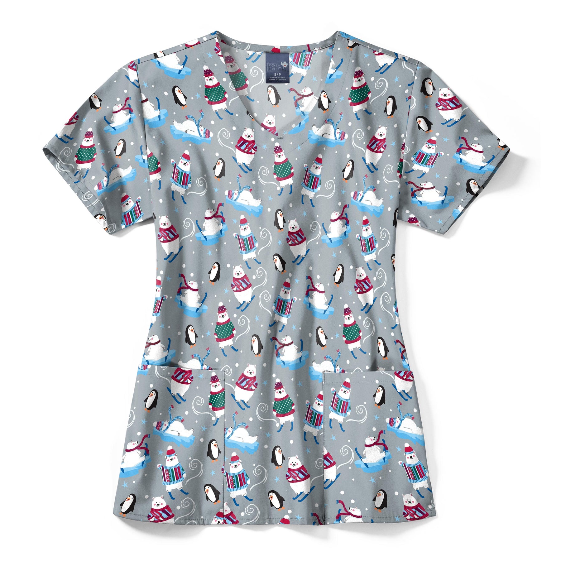 Zoe+Chloe Performance V-Neck Print Scrub Top - Tis the Ski-son Christmas Scrubs