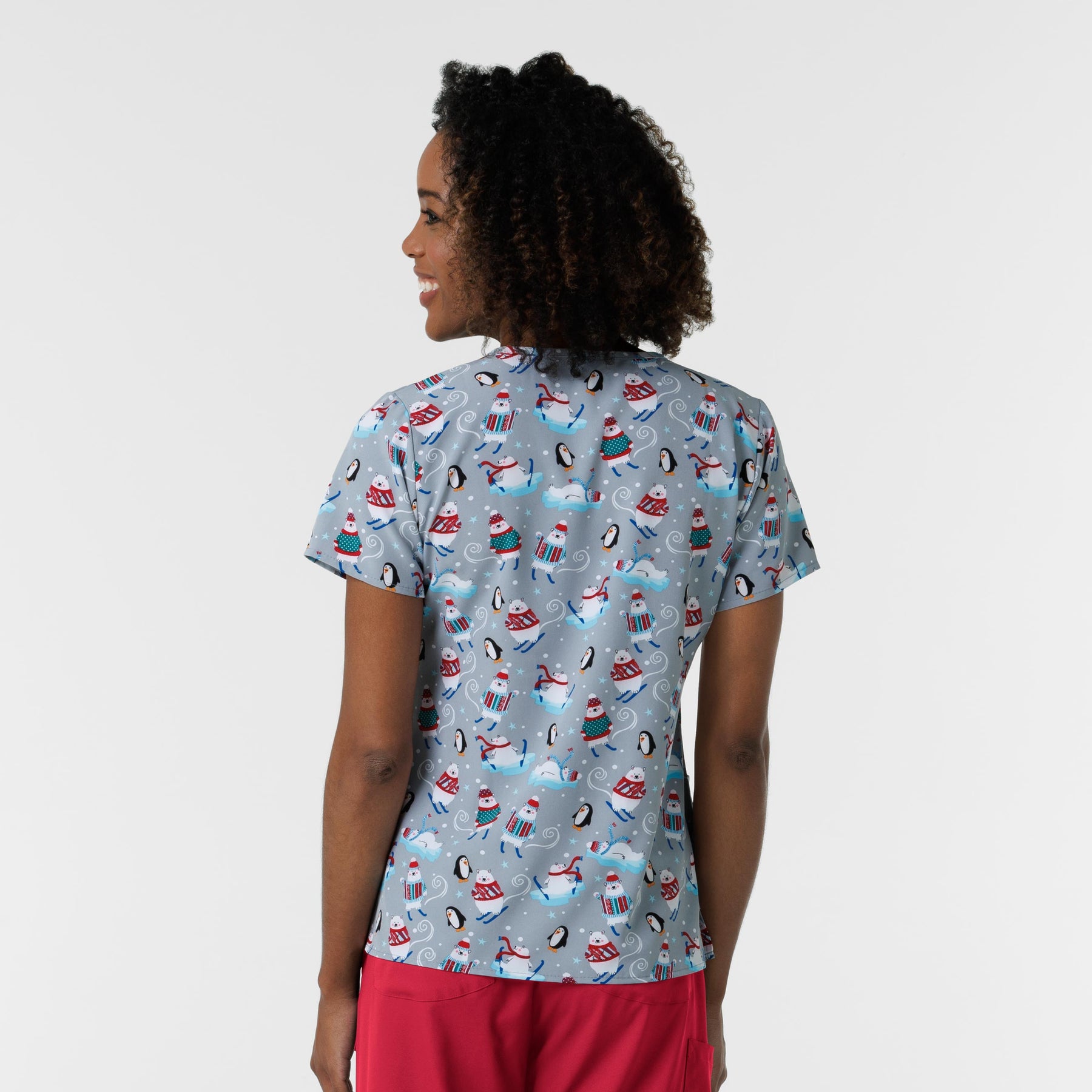 Zoe+Chloe Performance V-Neck Print Scrub Top - Tis the Ski-son Christmas Scrubs back
