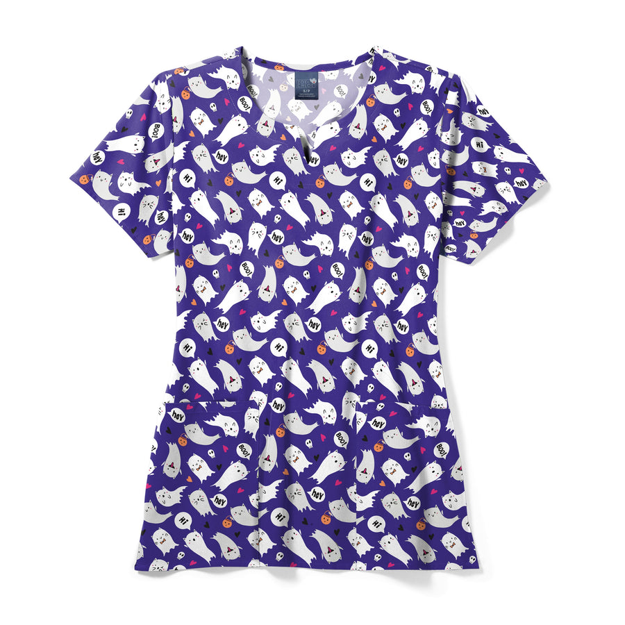 Zoe+Chloe Performance Notch Neck Print Scrub Top - Purr-anormal Cativity - halloween print scrubs