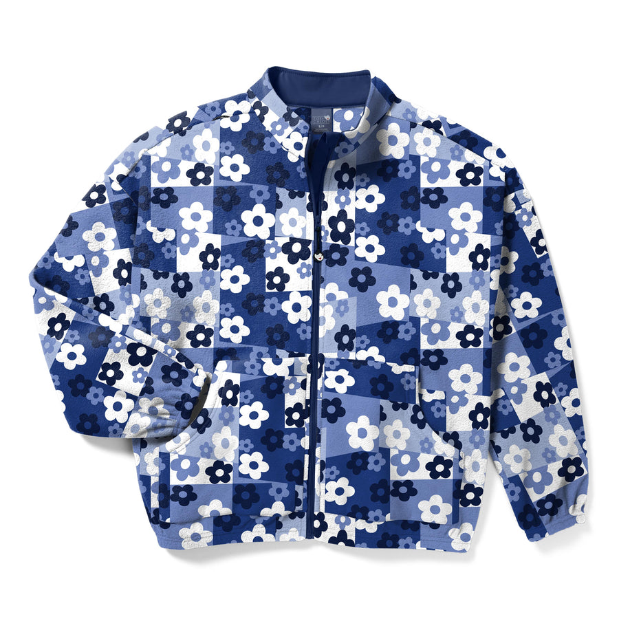 Zoe+Chloe Boxy Fit Printed Fleece scrub Jacket - Skater Check Blue