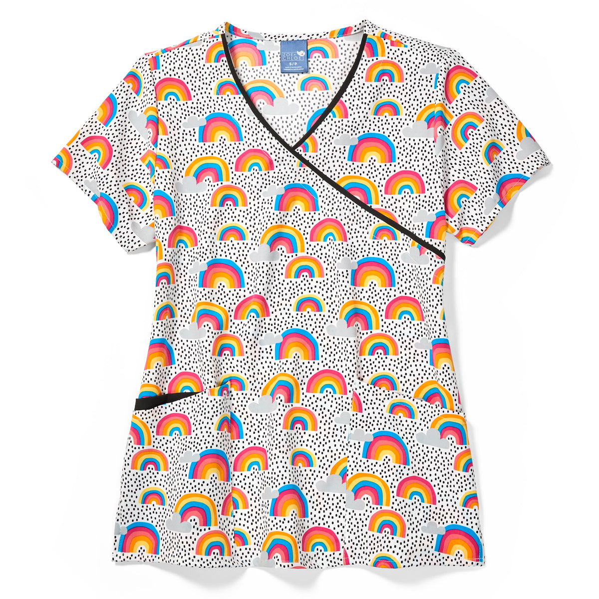 Zoe+Chloe Contrast Mock Wrap Print Scrub Top - Double Rainbow