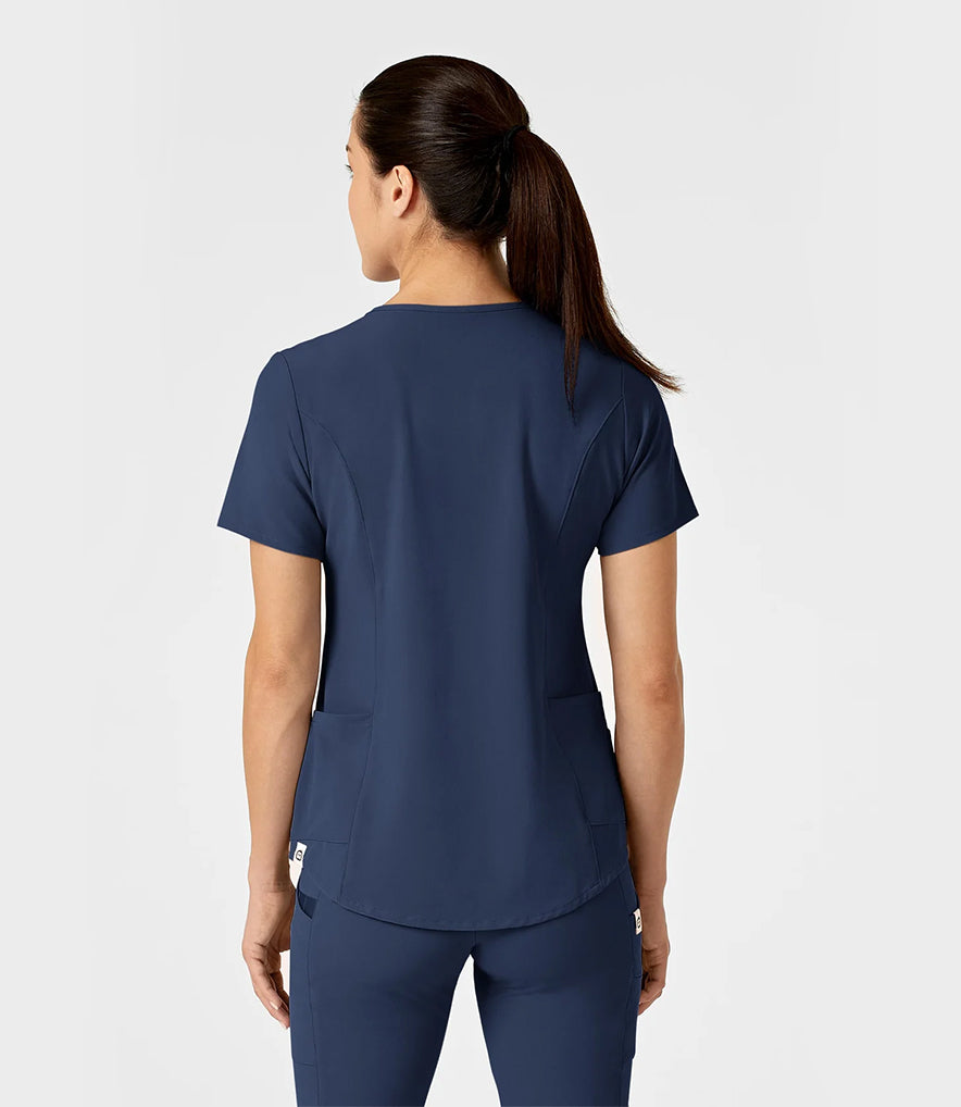 view of the back of a navy scrub top