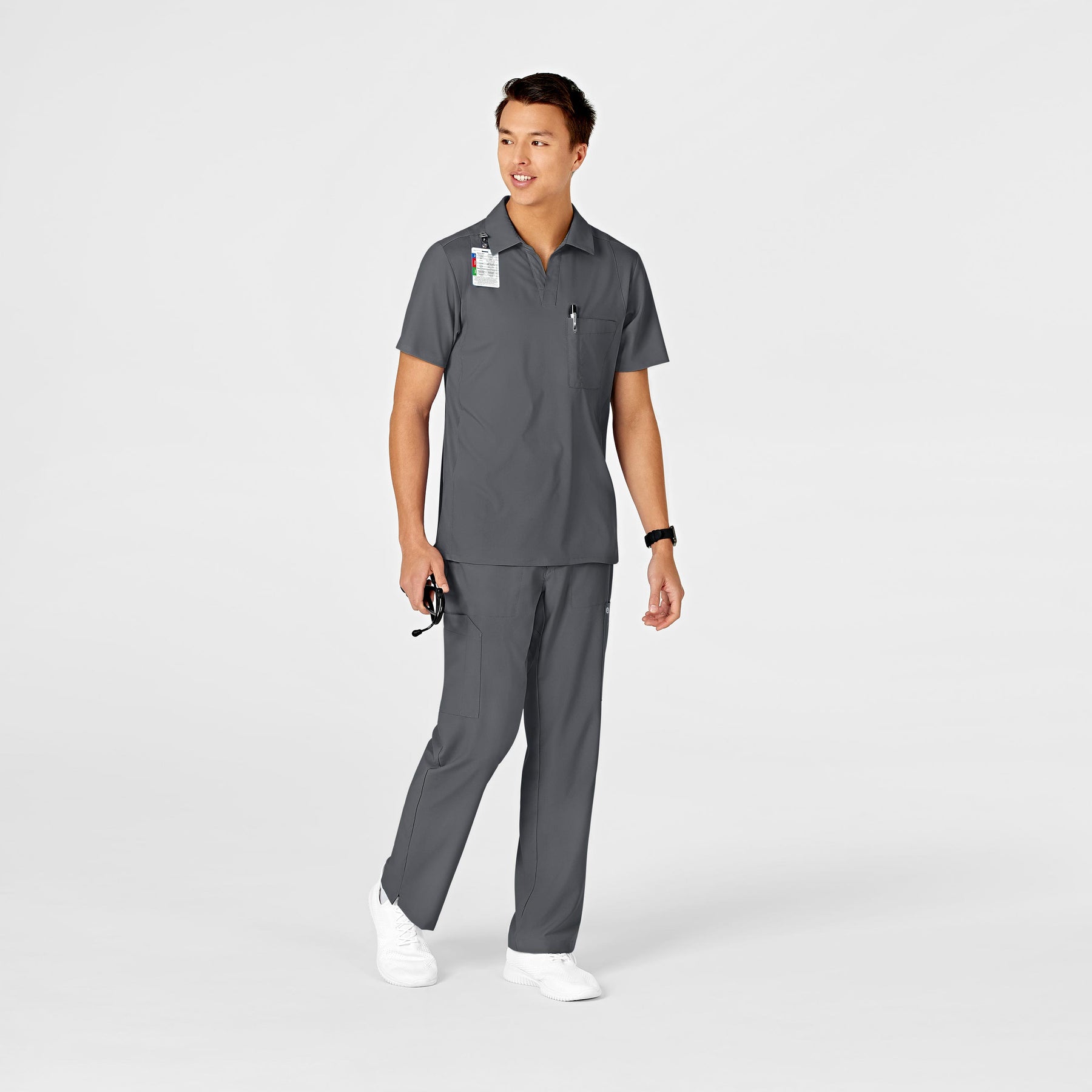W123 Men's Collar Scrub Top - Pewter