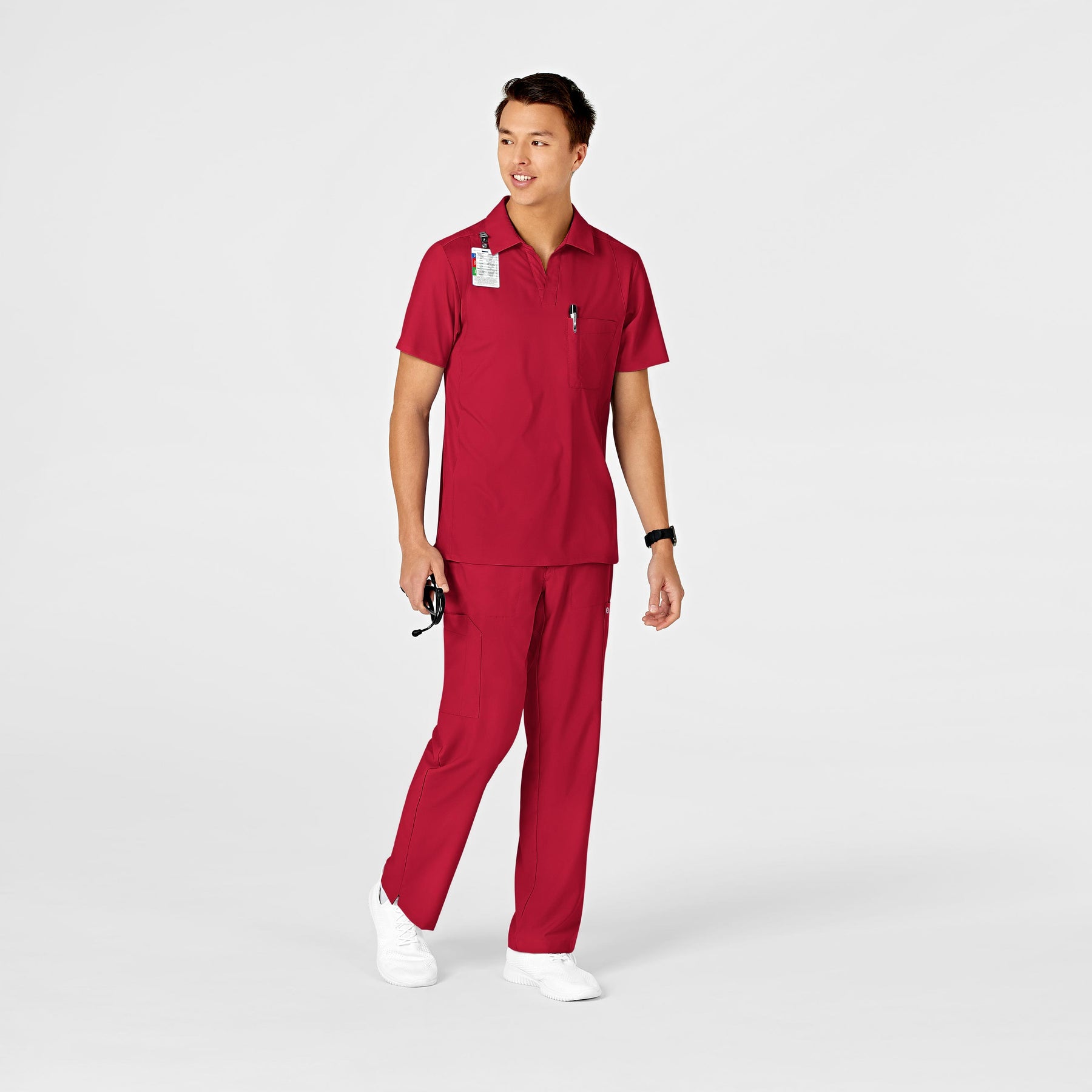 W123 Men's Collar Scrub Top - Red