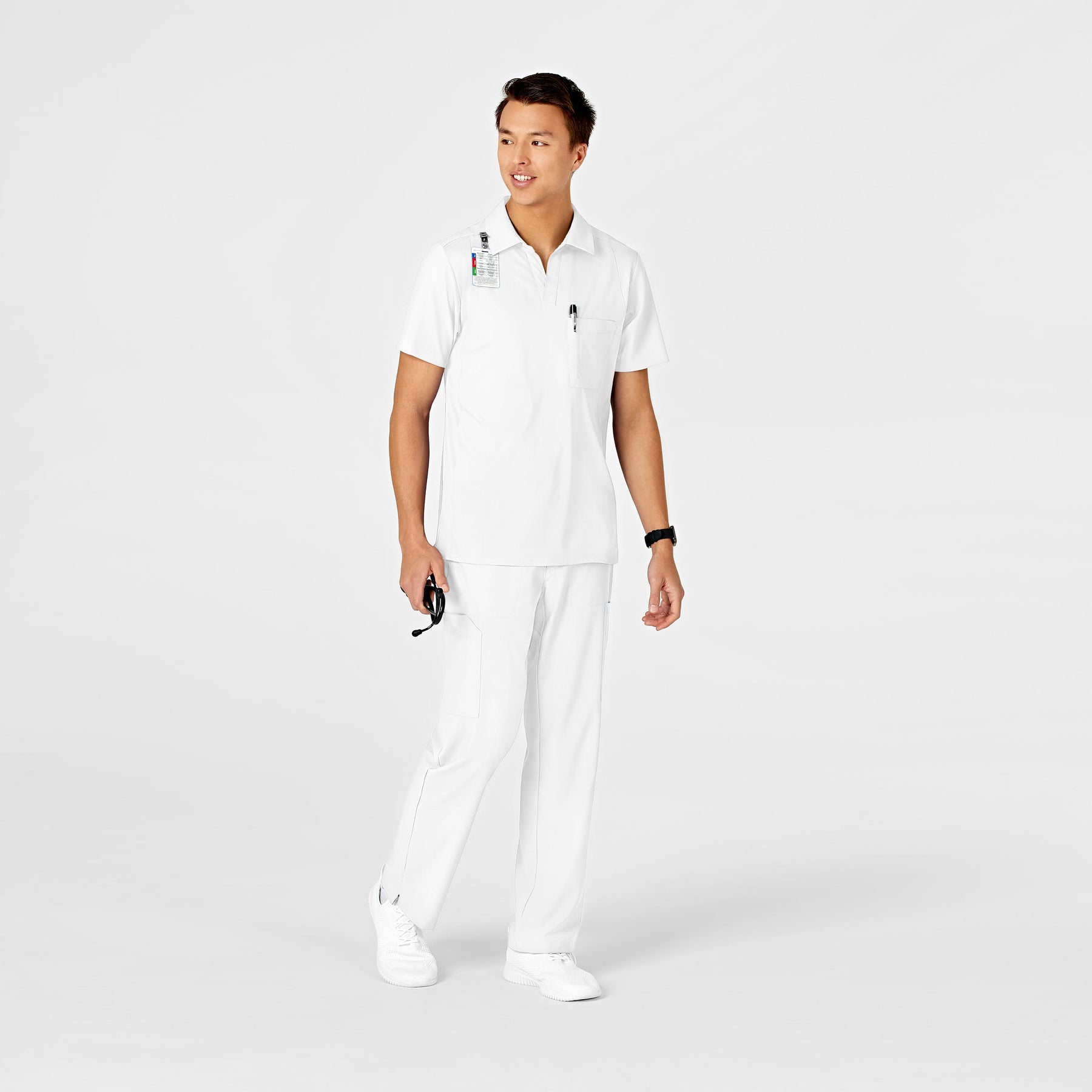 W123 Men's Collar Scrub Top - White