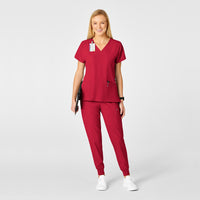 W123 Women's Flex Back Fashion V-Neck Scrub Top - Red