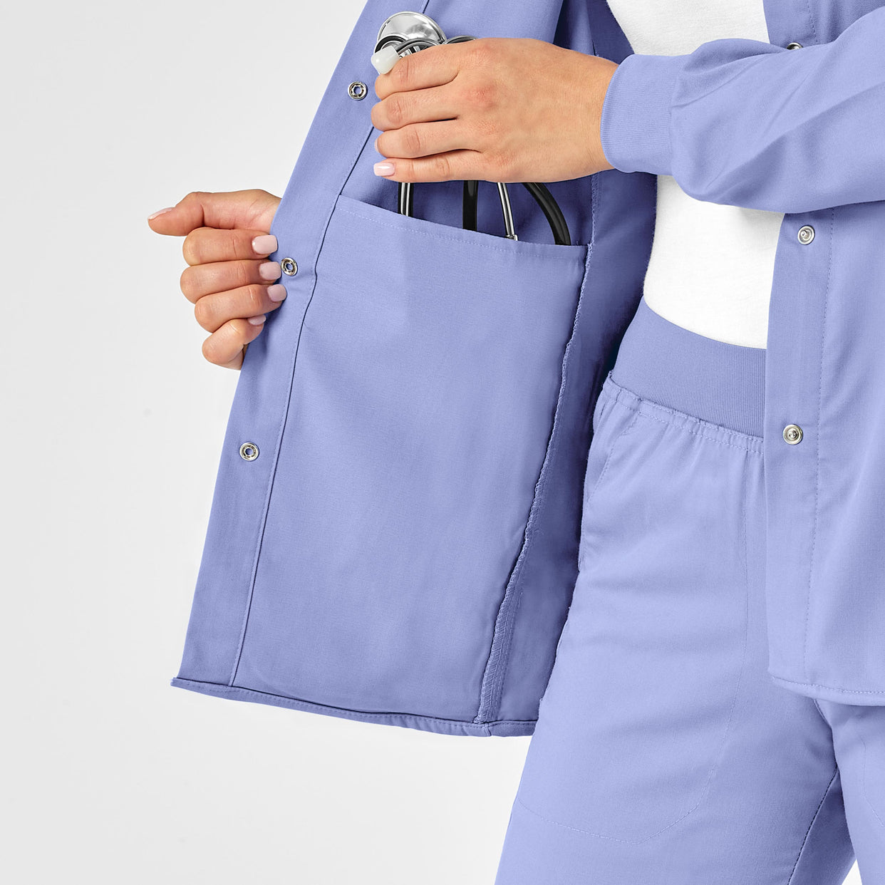 WonderWink PRO Women's Snap Front Scrub Jacket - Ceil Blue